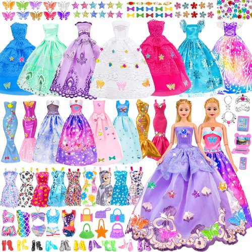 Doll and Accessories Doll Clothes and Accessories Toys DIY Playest for Girls 6-12 Including One Doll,Wedding Gowns, Outfits, Shoes,Handbags (One Doll)
