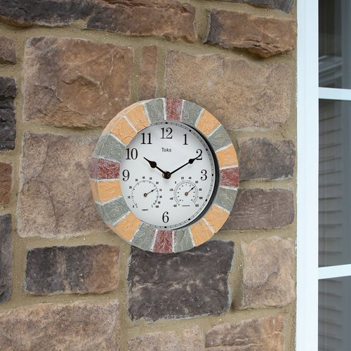 Lily's Home Hanging Wall Clock, Includes a Thermometer and Hygrometer and is Ideal for Indoor and Outdoor Use, Faux-Stone (10 Inches)