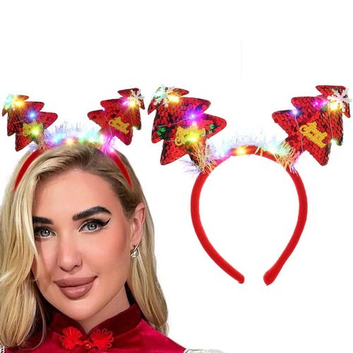 Metisee Christmas Headband Christmas Tree Hairband Red Sequins Headbands Light Up Hair Band LED Glow Headpiece Xmas Party Hair Accessories for Women and Girls