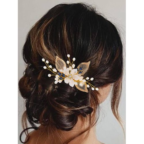 Brishow Gold Leaf Bride Wedding Hair Comb Rhinestone Hair Pieces Flower Bridal Hair Accessories for Women and Girls