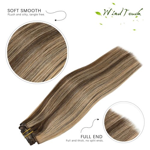 WindTouch Clip in Hair Extensions Balayage Chocolate Brown to Dark Blonde 12Inch 70g Human Hair 7PCS #4p27