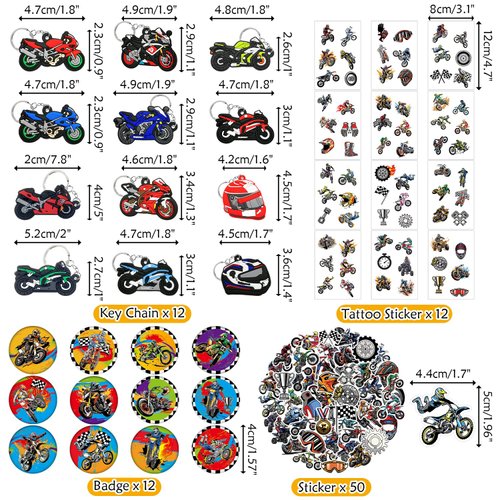 Dirt Bike Party Favor Supplies, Including Gift Bag Tattoo Stickers Badge Slap Bracelets Silicone Wristbands DIY Stickers Keychain, for Motorcycle Theme Party Club Gift Boy Birthday Party Fillers