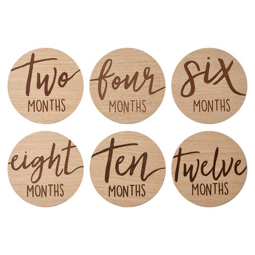 Kate & Milo Baby Monthly Milestone Marker Discs, Reversible Photo Props, Baby Growth and Pregnancy Growth Cards, 1-12 Months, Gender-Neutral Gift, Classic Cursive Script Wooden Discs