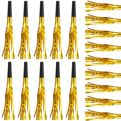 60 Pieces Glitter Metallic Fringed Noise Maker Black and Gold Musical Blowouts New Year's Party Favors Noise Whistle Party Horns and Blowers Squawker Whistles for Birthday Graduation Decoration Supply