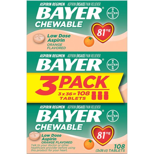 Bayer Aspirin Regimen 81mg Chewable Tablets | #1 Doctor Recommended Aspirin Brand | Pain Reliever | Orange Flavor | 108 Count, 36 Count (Pack of 3)