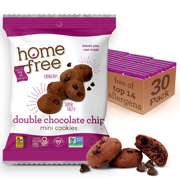 Homefree Bulk Mini Double Chocolate Chip Cookies, Gluten Free, Nut Free, Vegan, Individually Wrapped Packs, School Safe and Allergy Friendly Snack, 0.95 oz. (Pack of 30)