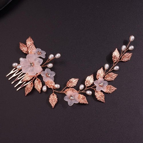 Rumtock Rose Gold Leaves Flower Hair Comb for Wedding Brides Handamade Hair Piece with Pearl Beads Banquet Prom (Rose Gold)