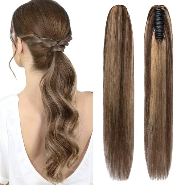 FUOTONBUTY Claw Clip Ponytail Extension 100% Real Remy Human Hairpiece Pony Tails Hair Extensions Long Straight Ponytail for Women (18 inch, Balayage Dark Brown to Chestnut Brown)