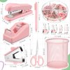 Desk Accessory Kit Office Supplies Set of Stapler, Staple Remover, Binder Clips, Paper Clips, Push Pins, Staples, Ballpoint Pen, Scissors, Tape Dispenser, Pen Holder for Christmas Gift (Pink)