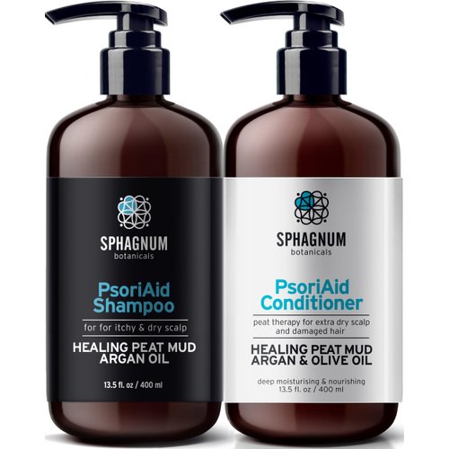 Sphagnum Botanicals Psoriasis Shampoo and Conditioner Set - Peat Mud Therapy for Red & Itchy Scalp with Argan and Olive Oil, No Coal Tar. For Both Men and Women. 2 x 13.5 Oz