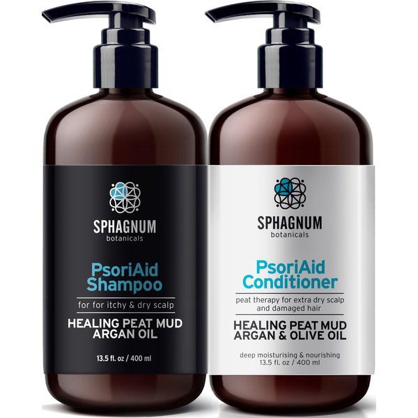 Sphagnum Botanicals Psoriasis Shampoo and Conditioner Set - Peat Mud Therapy for Red & Itchy Scalp with Argan and Olive Oil, No Coal Tar. For Both Men and Women. 2 x 13.5 Oz