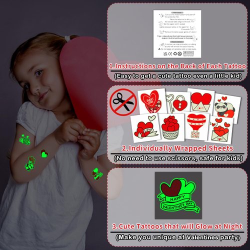 Partywind 204 Styles Luminous Valentine's Day Tattoos for Kids, Individually Wrapped Cut Tattoo Stickers for Valentines Party Supplies Favors, Classroom Prize Games, Heart Decorations
