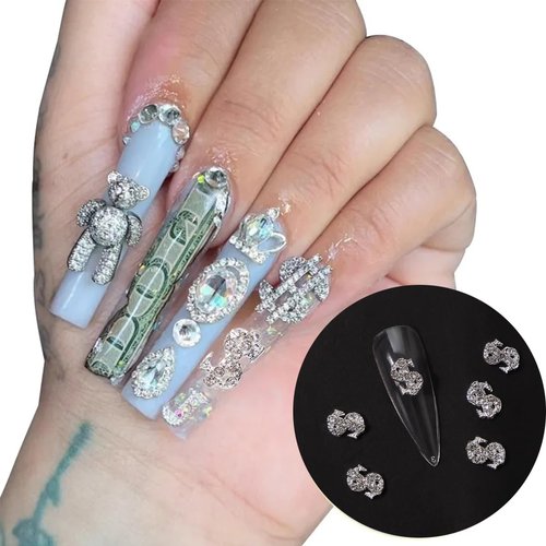 Bling Alloy Money Dollar Nail Charms 3D Silver Nail Charms for Acrylic Nails Decoration with Gems and Rhinestones Shiny Luxury Design Crystal Nail Jewels Nail Art Supplies for Women DIY Manicure 10Pcs