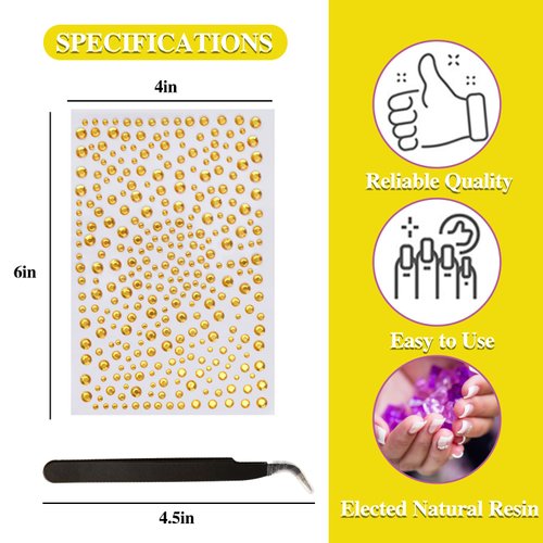 3 Sheets Face Gems Self Adhesive Rhinestones Stick on Face Jewels Stickers Decorations for Face, Makeup, Nail, Crafts (Yellow)