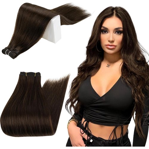 RUNATURE Brown Sew in Hair Extensions Real Human Hair Weft Extensions Brazilian Salon Quality Straight Remy Hair Extensions Weft Dark Brown Thick Sew in Extensions Natural Hair One Piece