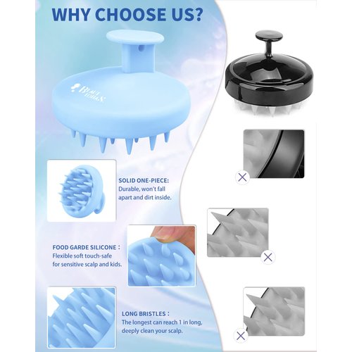 BEAUTLOHAS. Silicone Scalp Massager Shampoo Brush, Shower Scalp Scrubber with Soft Bristles, Scalp Brush for Hair Growth & Dandruff Treatment, Wet Dry Hair Massager for All Hair Types of Women (Blue)