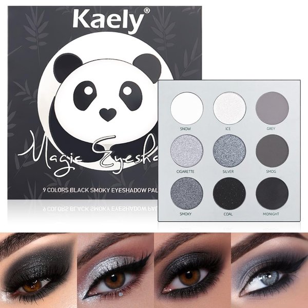Black Grey Smokey Eyeshadow Palette,Highly Pigmented Matte Black White Gray Silver Smoky Eye Shadow,9Colors Cool Toned Eyeshadow Palette Black Radiance Eyeshadow Long Lasting Eye Makeup for Goth Look