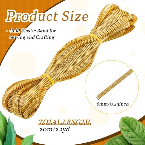 22 Yards 1/4 Inch Width Gold Elastic Band Glitter Metallic Flat Elastic Strap Braided Elastic Band for Sewing and Crafting