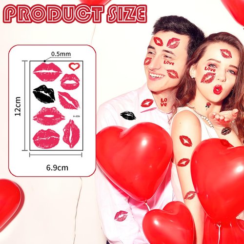 80Pcs Kiss Lips Temporary Tattoo Stickers Valentine's Day Red Black Love Heart Lips Rose Bouquet Face Body Fake Waterproof Tattoos Stickers for Women Costume Accessories Birthday Party Decorations