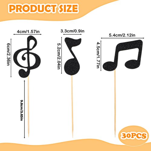 JJUNW 30Pcs Music Notes Cupcake Toppers, Music Notes Party Decorations, Black Glitter Musical Symbol Cupcake, for Rock Music Concert Theme Baby Shower Wedding Singer Birthday Party Supplies