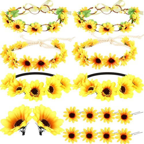 Fiada 16 Pieces Sunflower Headbands Set Including 6 Pieces Sunflower Crown, 2 Pieces Sunflower Hair Clips, 8 Pieces Sunflower Hairpins for Women Wedding Hair Accessories