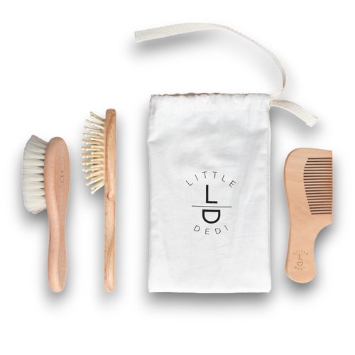 Little Dedi Premium Baby Hair Brush Set – Natural Goat Hair & Bamboo Bristle Brushes, Beechwood Comb, Cotton Pouch – Gentle Scalp Care for Newborns & Toddlers, Gift-Ready & Eco-Friendly