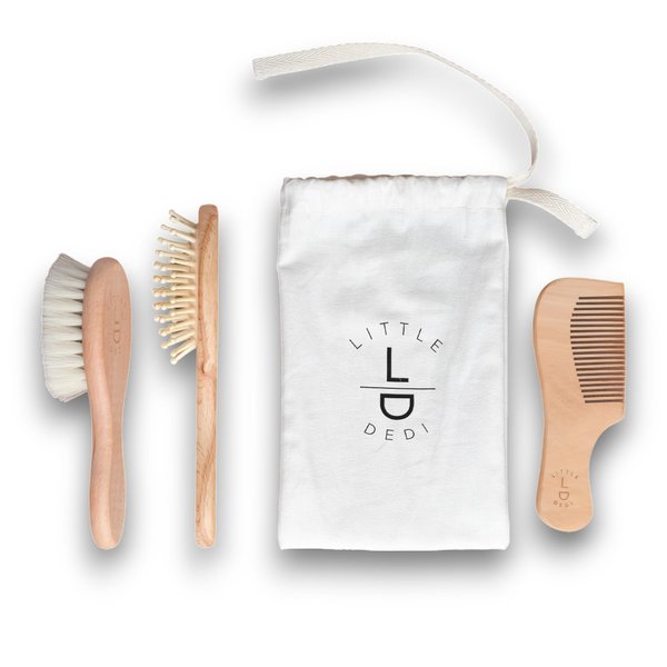 Little Dedi Premium Baby Hair Brush Set – Natural Goat Hair & Bamboo Bristle Brushes, Beechwood Comb, Cotton Pouch – Gentle Scalp Care for Newborns & Toddlers, Gift-Ready & Eco-Friendly
