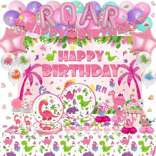 KOTLMIGHT Girl Dinosaur Birthday Party Supplies, 199 Pcs Pink Dinosaur Dino Party Decorations for Girls Baby - Backdrop, Banner, Cupcake Topper, Utensils, Balloons, Tablecloth, Centerpieces, Stickers
