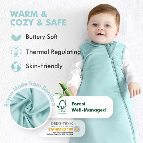 HAPIU Unisex Rayon Made from Bamboo Baby Sleep Sack TOG 1.0, 2-Way Zipper YKK, Wearable Blanket Baby, 6-18 Months, Sage