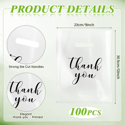 Crtiin 100 Pcs Clear Merchandise Bags Thank You Bags with Die Cut Handles T Shirt Bags Plastic Shopping Bags Clear Packaging Bags for Small Business Retail Boutique Stores Gifts (Black,9 x 12 Inch)