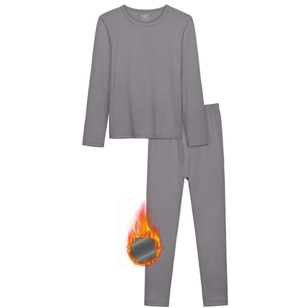 VZV Kids Thermal Underwear Set, Boys Long Underwear Set, Fleece Lined Base Layers Top and Bottom Set for Skiing, Cold Weather Grey