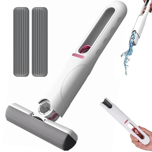 XASMA Portable Self-Squeeze Short Mop, Mini Lazy Hand Wash-Free Strong Absorbent Wet & Dry Use, Floor Cleaning System for Bathroom Kitchens Tableware Desktop Glass (2 Cotton Head + 1 Squeeze Handle)