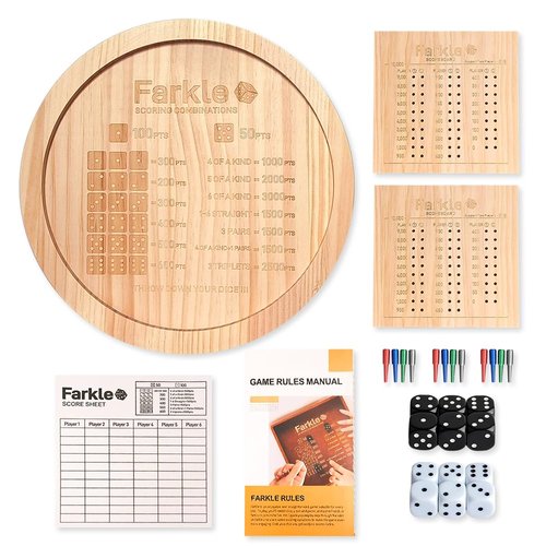 WUQIREN Farkle Dice Tray,Farkle Classic Dice Game with Tray,2 Sets of 6 Pearl Dice,2 Sets of 6''Wooden Scoreboard, 12 Scoring Sticks,1 Instruction Manual, 50 PCS Score Sheets,The Classic Family Game