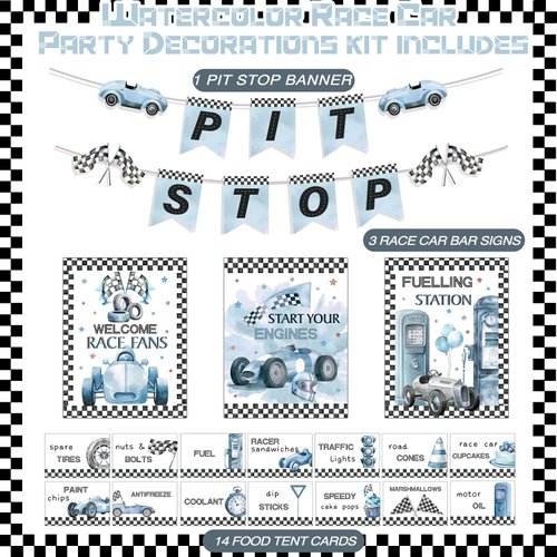 Sonwyoung 19 Pcs Race Car Birthday Party Decorations Boys Two Fast Vintage Birthday Party Decor 2 Fast Dusty Blue Black Wheel Checkered Party Supplies for Baby Shower Race Car Fast One Party