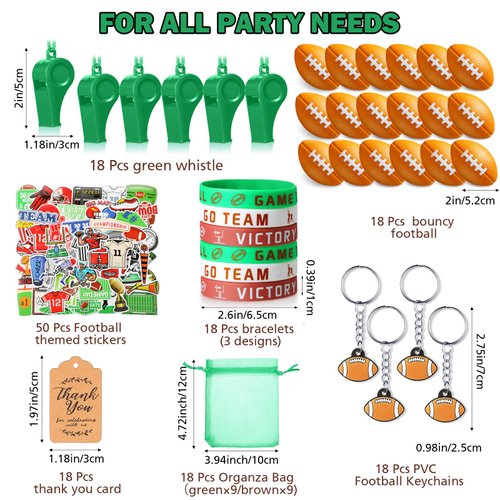 HyDren 158 Pcs Football Party Favors Set 18 Football Keychains 18 Silicone Bracelets 18 Mini Football 18 Whistles 50 Stickers 18 Organza Bags 18 Thank You Tags for Football Party Supplies