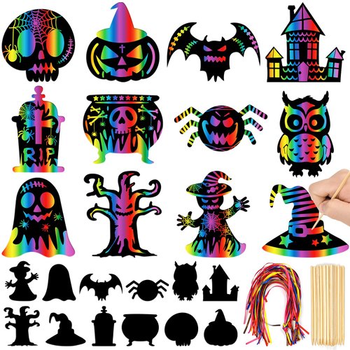 Leesgel Halloween Scratch Art Paper for Kids, 60Pcs Magic DIY Crafts Kit Halloween Party Decorations Supplies, Pumpkin Skull Bat Scratch Crafts Birthdays Party Favor Educational Toys