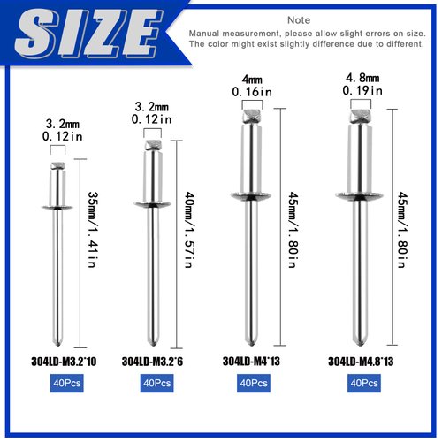 Glarks 160Pcs M3.2/M4/M4.8 Blind Rivets 304 Stainless Steel Pop Rivets Assortment Kit for Joining Metal Plate, Automotive, Instruments, Furniture