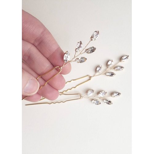 Kercisbeauty 3PCS Handmade Simple Crystal Leaf Leaves Hair Pins for Wedding Bridal Bridesmaids Flower Girls,Dancing Prom Party,Vintage Boho Hair Accessory(Gold)