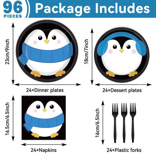 96 Pcs Penguin Birthday Party Supplies Paper Plates Napkins Winter Penguin Themed Party Winter Christmas Holiday Birthday Xmas Tableware Decorations Favors for Kids Serves 24