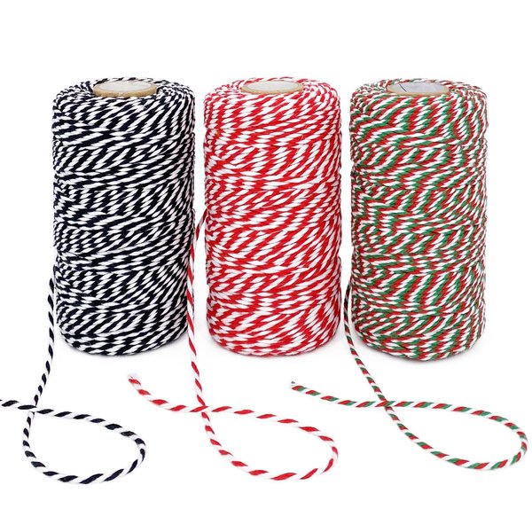 Leecogo Christmas Twine String, 3 Rolls 984 Feet Bakers Twine Cotton Twine String Natural Red White Butchers Twine String Cord for Gift Wrapping, Baking, Arts Crafts, Gardening,DIY,Home Decor