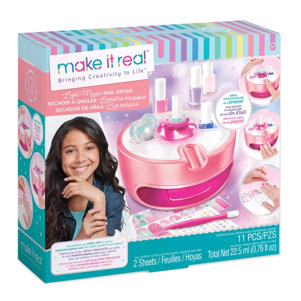 Make It Real Light Magic Nail Dryer & Polish Set for Girls & Teens - 5 Vibrant Nail Colors, Art Stickers, Nail File, Cuticle Pusher & Dryer - Water-Based, Non-Toxic Polish Perfect Spa Day Manicures