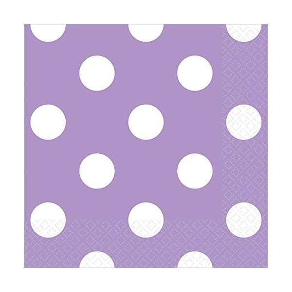 amscan Dots Disposable Beverage Napkins Tableware for Parties (16 Piece), 5 x 5, Lavender/White