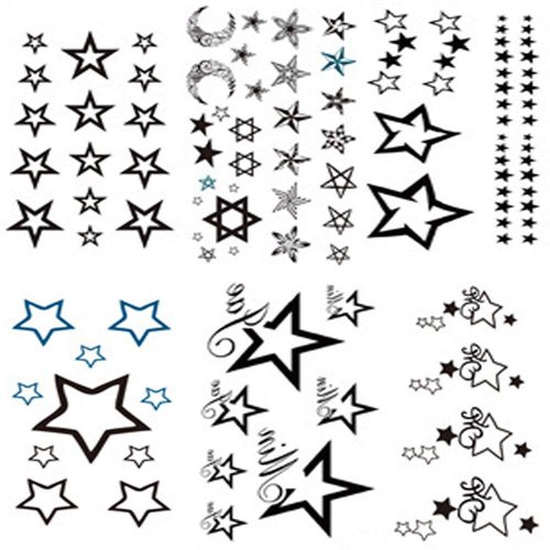 Yesallwas Cute Black Moon Sky Stars Temporary Tattoo for Women Body 6 sheet Art Fake Tattoo Stickers