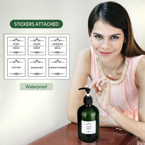 2 Pack Pump Bottles Dispenser 16.9 OZ 500ml Bathroom Countertop Pump Dispensers Refillable Plastic Containers for Lotion Shampoo Body Wash Hand Dish Soap Kitchen Accessories with Waterproof Labels