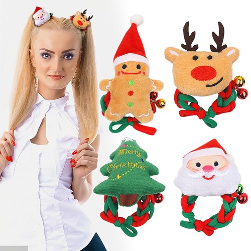 4PCS Christmas Hair Ties Set, Cute Green Red Elastic Hair Ties for Thick Hair, Xmas Hair Ties with Gingerbread Man Christmas Tree Santa Claus Elk No Damage Ponytail Holder Elastic Hair Band for Women