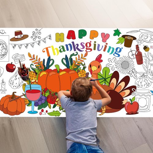Thanksgiving Giant Coloring Poster/Tablecloth- Pumpkin Turkey Fall Thanksgiving Arts Crafts Activity, 31 x 72 Inches Jumbo Paper Coloring Banner Table Cover for Thanksgiving Party Favors Decorations