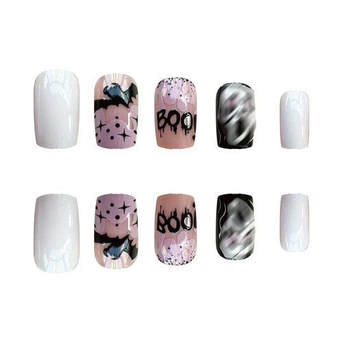 Halloween Press on Nails Medium Square Fake Nails with Glue Horror Ghost Face Glue on Nails Pink Acrylic Nails Blood Bat Skull Stick on Nails Full Cover Nail Tips False Nails for Women and Girls 24Pcs