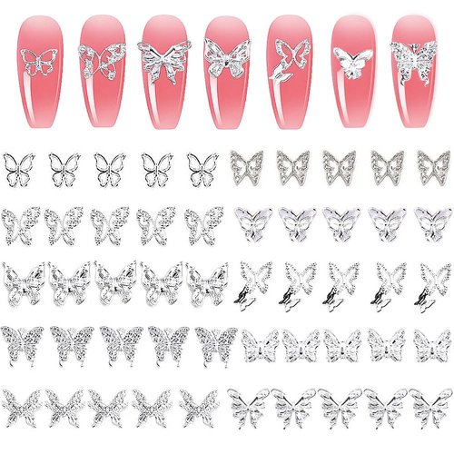 KACHIMOO Butterfly Nail Charms 50 PCS Silver Nail Charms Butterfly Charms for Nails Butterfly Charms for Acrylic Nails DIY Craft Nail Art Accessories
