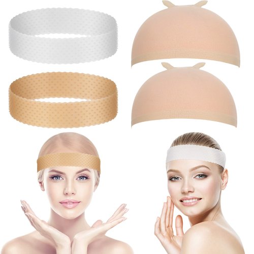 4 Pieces Silicone and Nylon Transparent Sweatproof Seamless Non-Slip Stretchy Wig Headband with Wig Cap for Sport and Yoga (White, Light Brown, Skin Color)
