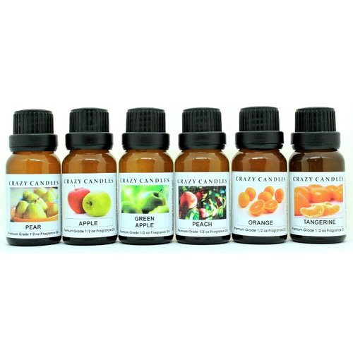 Crazy Candles 6 Bottles Set Pear, Apple, Green Apple, Peach, Orange, Tangerine 1/2 Fl Oz Each (15ml) Premium Grade Scented Fragrance Oils
